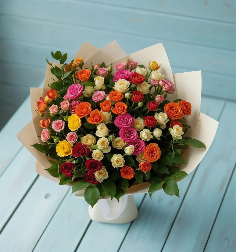 Букет Микс из разноцветных кустовых роз в Лодейном Поле