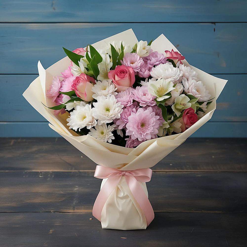 Букет цветов из: Хризантемы, Альстромерии и Розы в Лодейном Поле